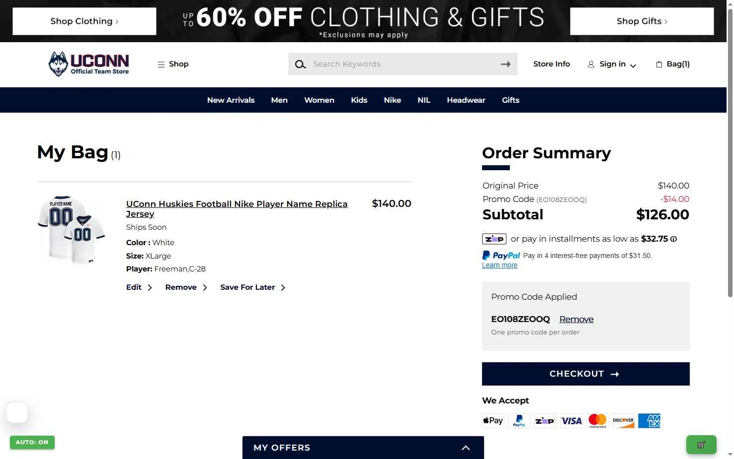 UConn Huskies checkout page showing UConn Huskies promo code box | Screenshot taken by SimplyCodes community member on Jan 13, 2026