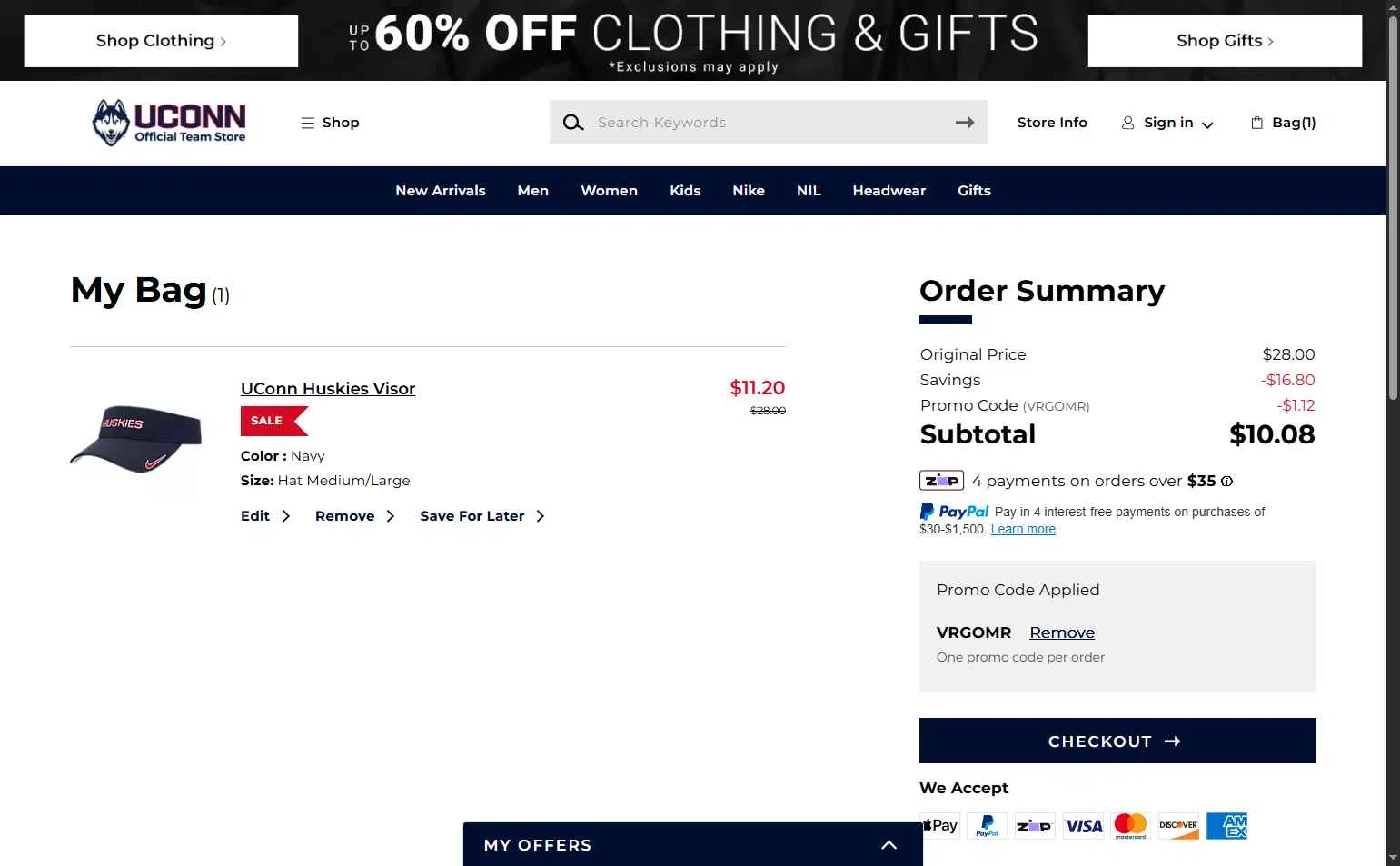 UConn Huskies checkout page showing UConn Huskies promo code box | Screenshot taken by SimplyCodes community member on Dec 31, 2025