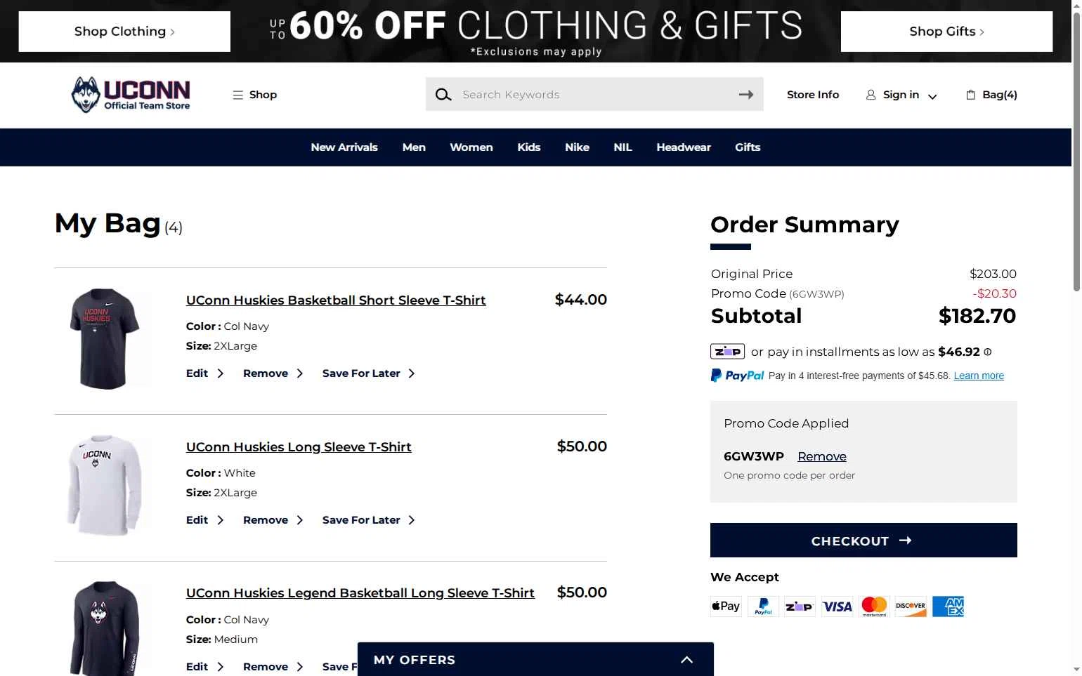 UConn Huskies checkout page showing UConn Huskies promo code box | Screenshot taken by SimplyCodes community member on Dec 30, 2025