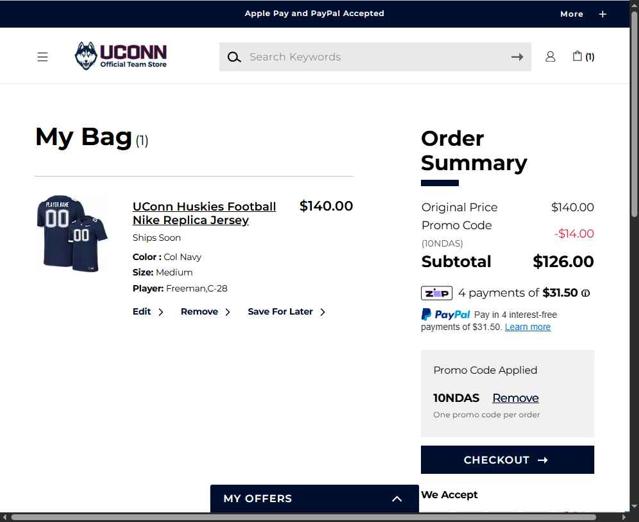 UConn Huskies checkout page showing UConn Huskies promo code box | Screenshot taken by SimplyCodes community member on Sep 14, 2025