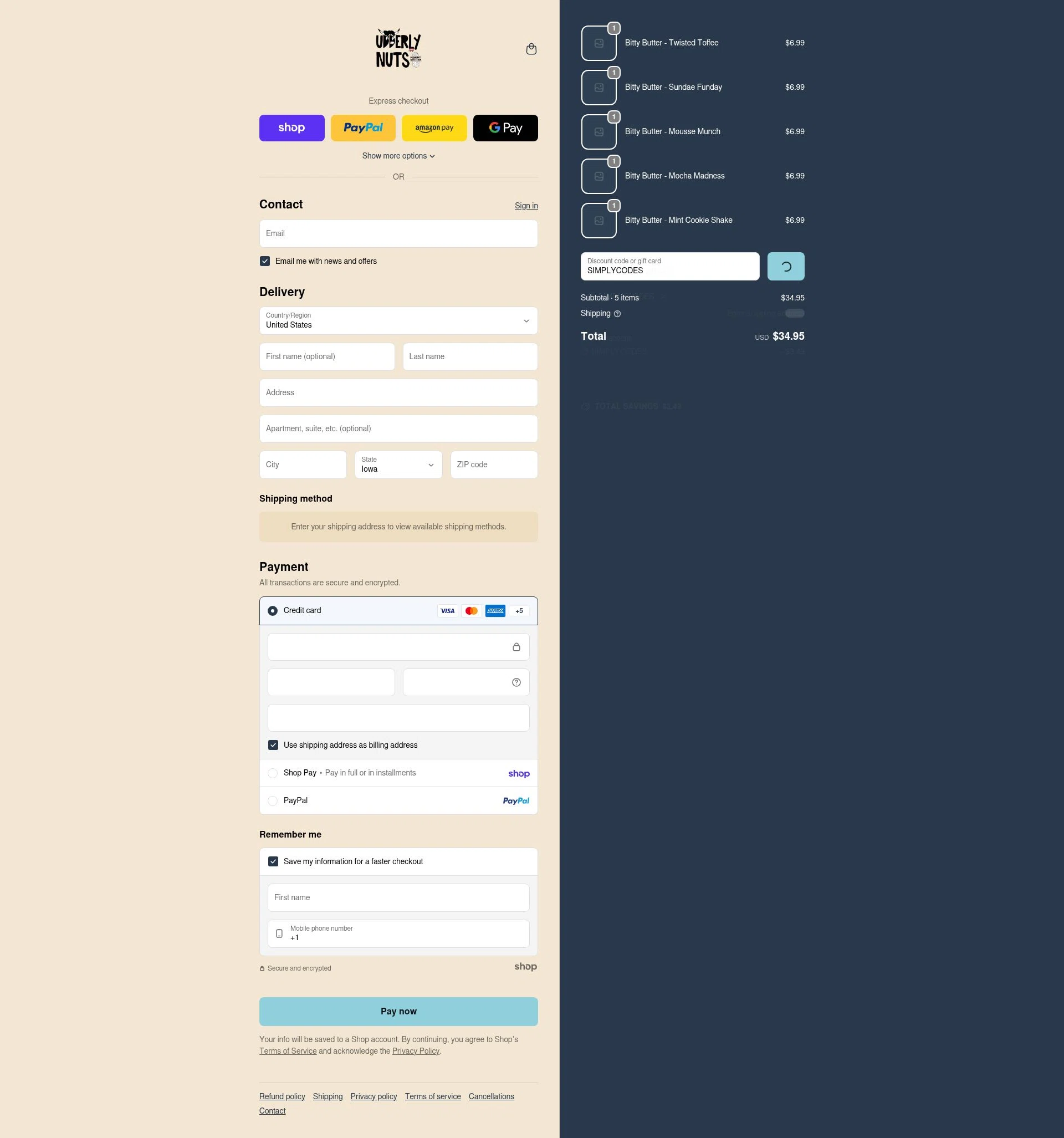 Udderly Nuts checkout page showing Udderly Nuts discount code box | Screenshot taken by SimplyCodes community member on Jan 28, 2026