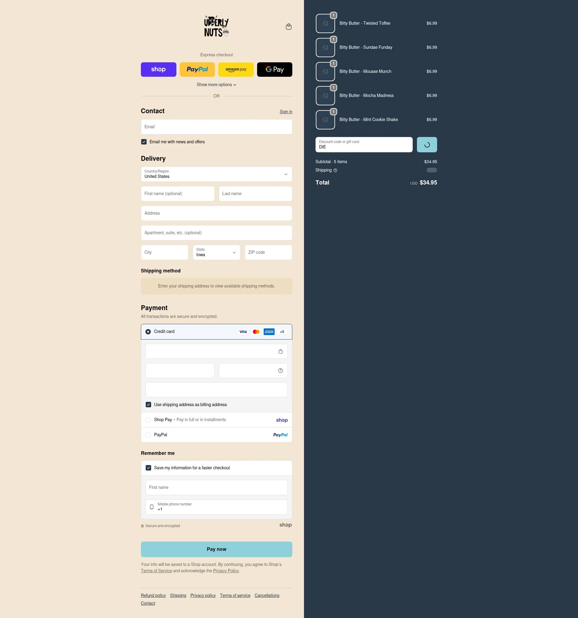 Udderly Nuts checkout page showing Udderly Nuts discount code box | Screenshot taken by SimplyCodes community member on Jan 28, 2026