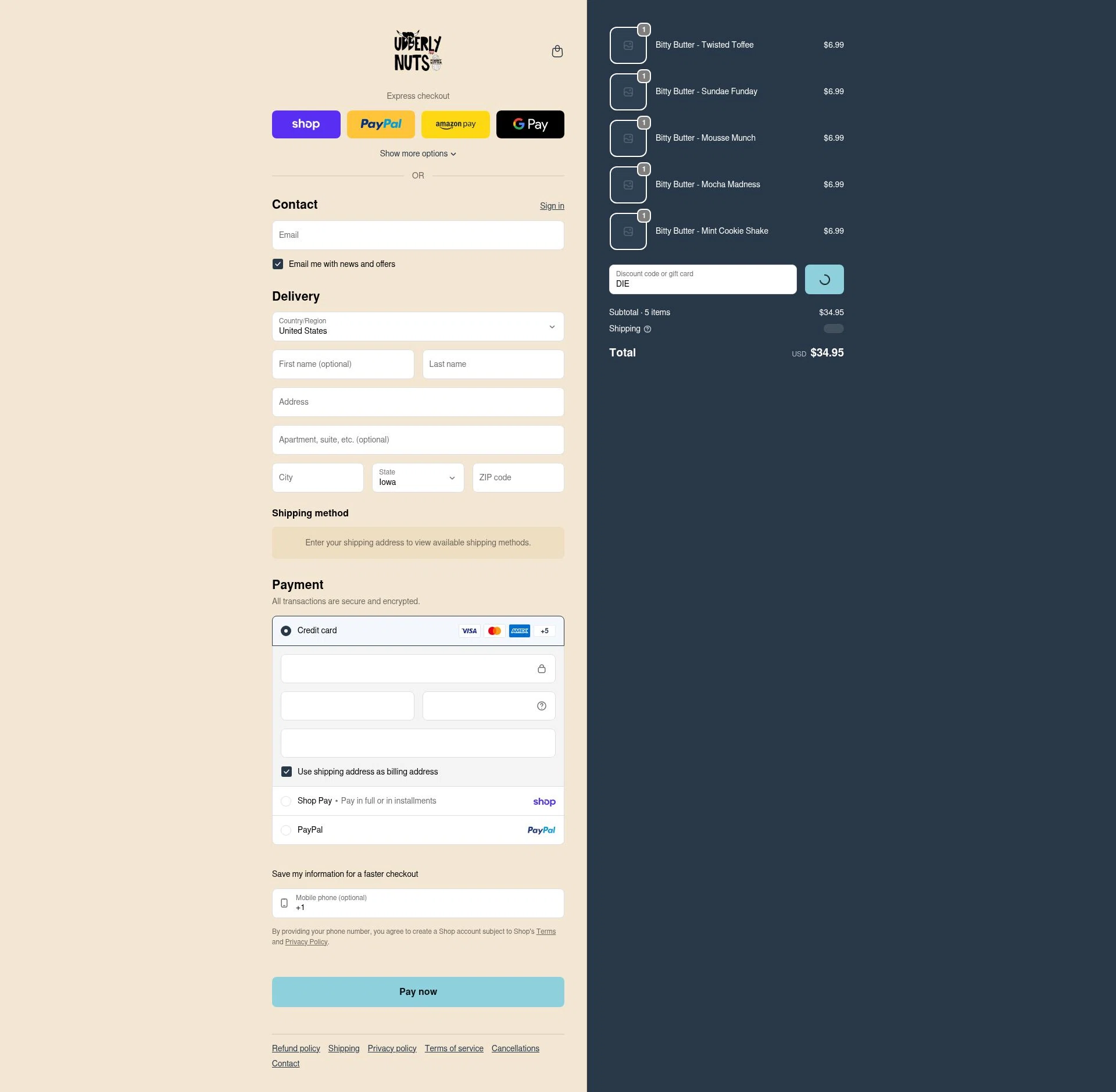 Udderly Nuts checkout page showing Udderly Nuts discount code box | Screenshot taken by SimplyCodes community member on Feb 1, 2026