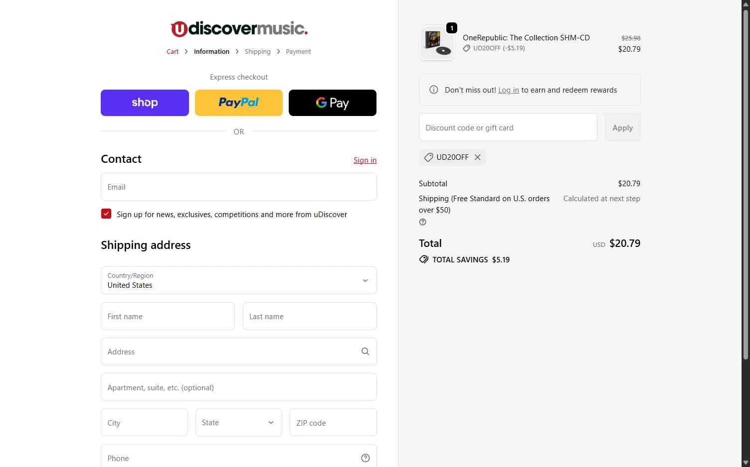 uDiscover Music checkout page showing uDiscover Music discount code box | Screenshot taken by SimplyCodes community member on Feb 2, 2026