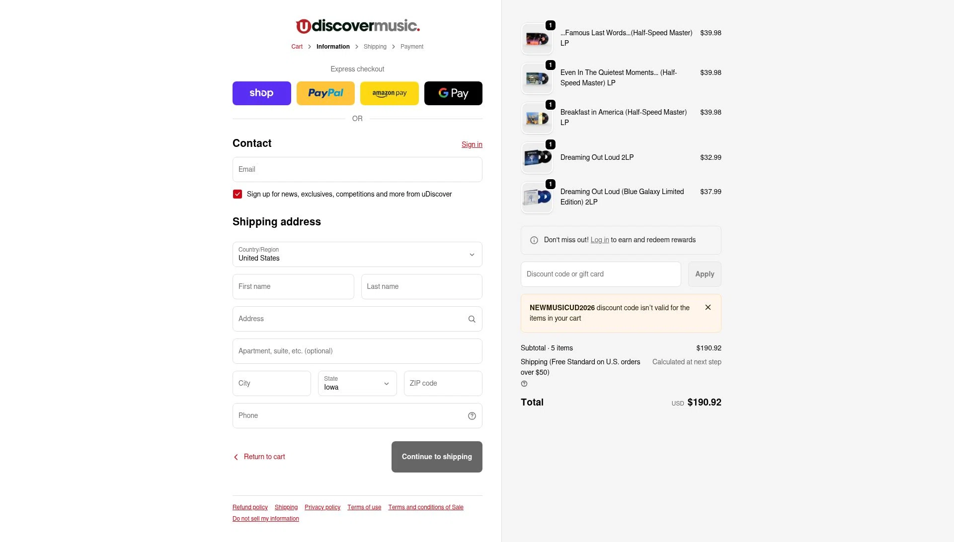 uDiscover Music checkout page showing uDiscover Music discount code box | Screenshot taken by SimplyCodes community member on Jan 29, 2026