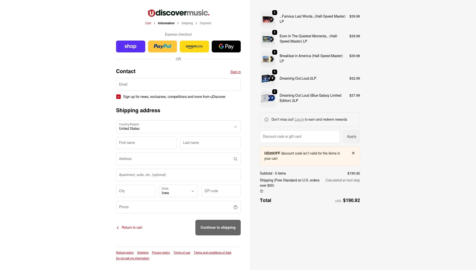 uDiscover Music checkout page showing uDiscover Music discount code box | Screenshot taken by SimplyCodes community member on Feb 7, 2026