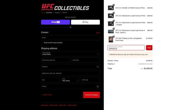 UFC Collectibles checkout page showing UFC Collectibles discount code box | Screenshot taken by SimplyCodes community member on Mar 5, 2025