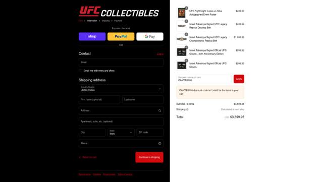 UFC Collectibles checkout page showing UFC Collectibles discount code box | Screenshot taken by SimplyCodes community member on Sep 4, 2025