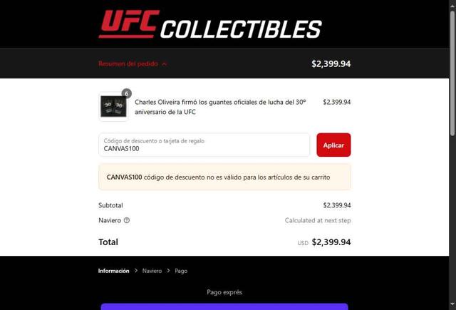 UFC Collectibles checkout page showing UFC Collectibles discount code box | Screenshot taken by SimplyCodes community member on Jul 2, 2025