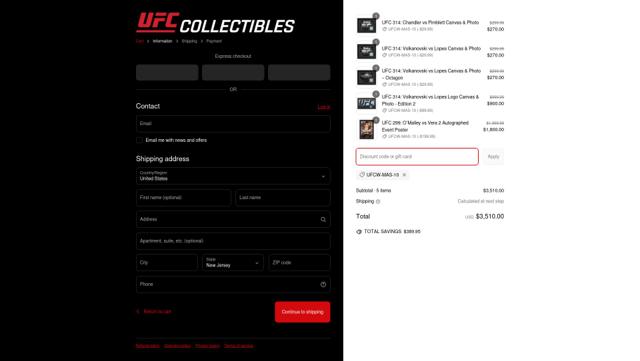 UFC Collectibles checkout page showing UFC Collectibles discount code box | Screenshot taken by SimplyCodes community member on Mar 5, 2025