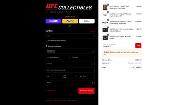 UFC Collectibles checkout page showing UFC Collectibles discount code box | Screenshot taken by SimplyCodes community member on Aug 14, 2025