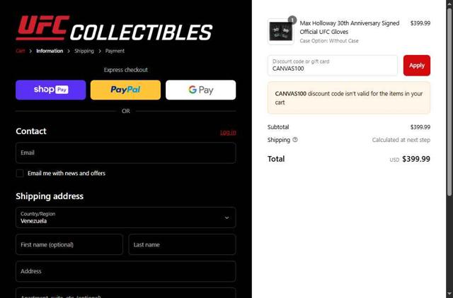 UFC Collectibles checkout page showing UFC Collectibles discount code box | Screenshot taken by SimplyCodes community member on May 3, 2025