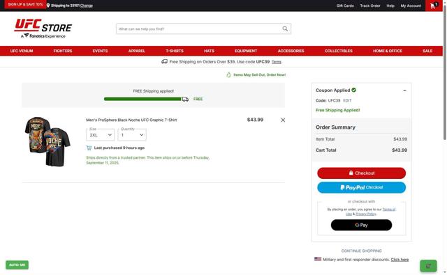 UFC Store checkout page showing UFC Store discount code box | Screenshot taken by SimplyCodes community member on Sep 4, 2025