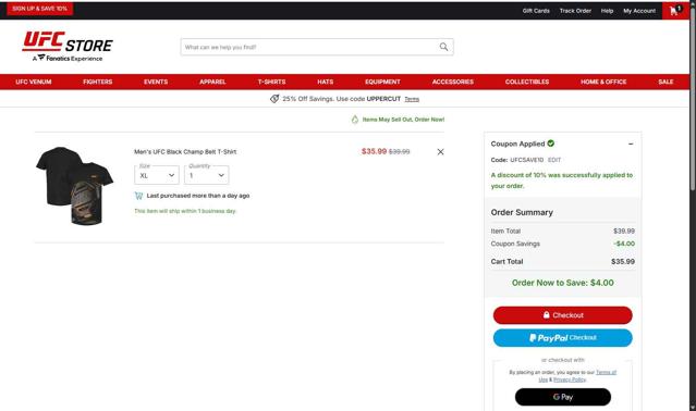 UFC Store checkout page showing UFC Store discount code box | Screenshot taken by SimplyCodes community member on Sep 7, 2025