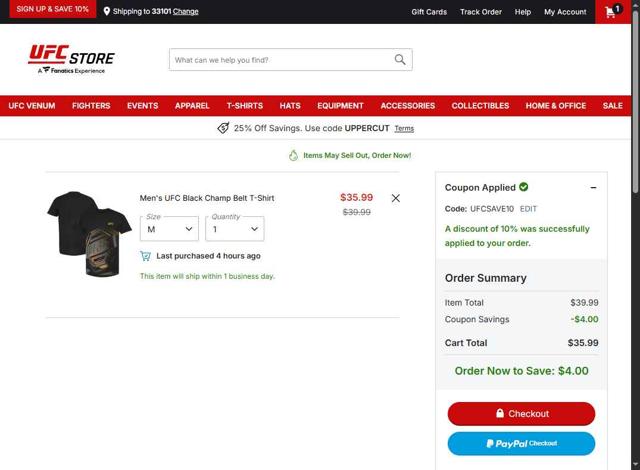 UFC Store checkout page showing UFC Store discount code box | Screenshot taken by SimplyCodes community member on Aug 16, 2025