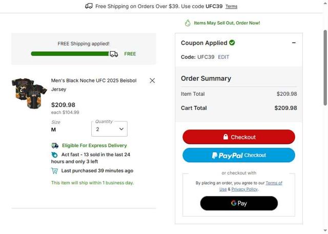 UFC Store checkout page showing UFC Store discount code box | Screenshot taken by SimplyCodes community member on Sep 11, 2025