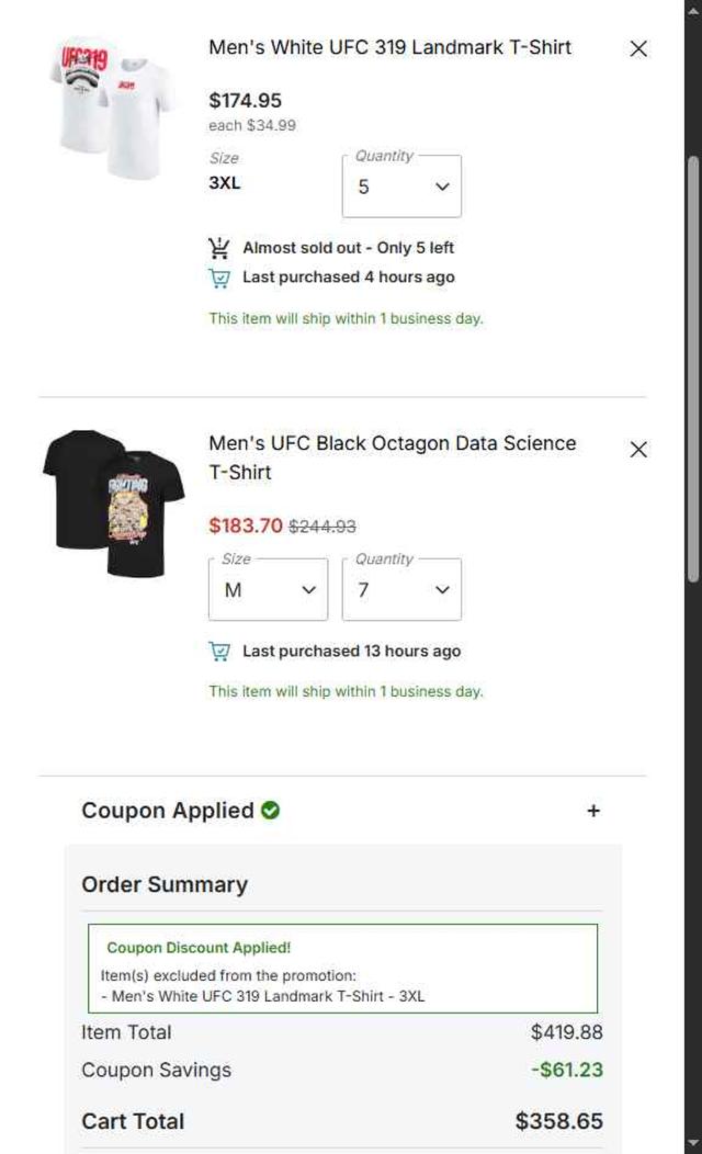 UFC Store checkout page showing UFC Store discount code box | Screenshot taken by SimplyCodes community member on Sep 5, 2025
