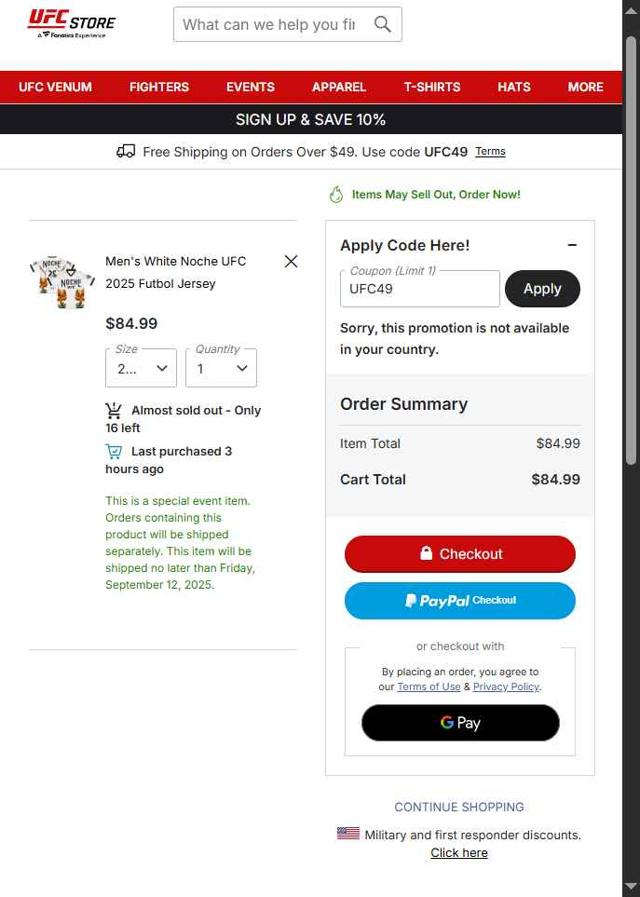 UFC Store checkout page showing UFC Store discount code box | Screenshot taken by SimplyCodes community member on Aug 25, 2025