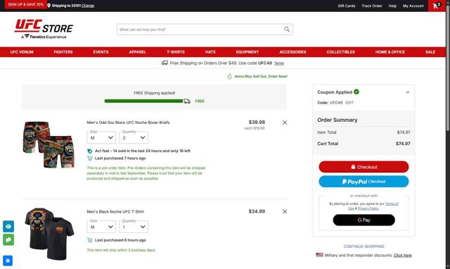 UFC Store checkout page showing UFC Store discount code box | Screenshot taken by SimplyCodes community member on Sep 8, 2025