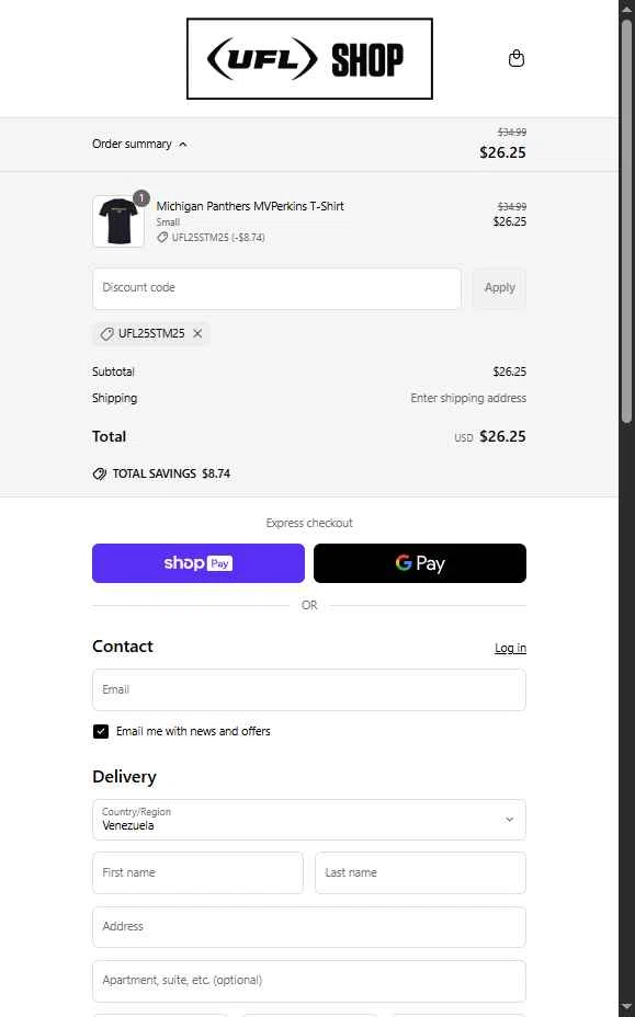 UFL Store checkout page showing UFL Store promo code box | Screenshot taken by SimplyCodes community member on Jun 14, 2025