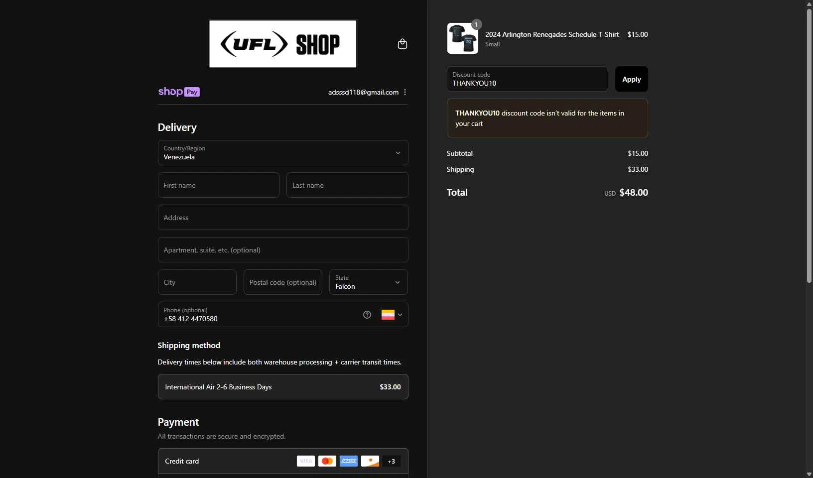 UFL Store checkout page showing UFL Store promo code box | Screenshot taken by SimplyCodes community member on Aug 3, 2025