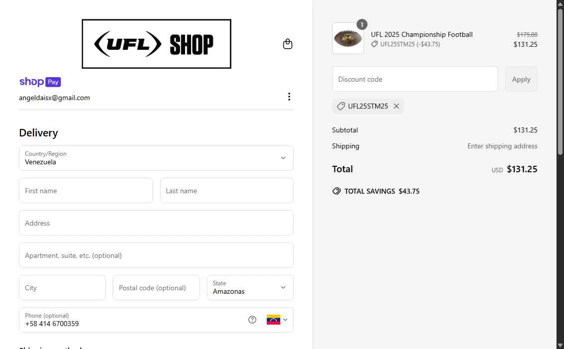 UFL Store checkout page showing UFL Store promo code box | Screenshot taken by SimplyCodes community member on Jun 14, 2025