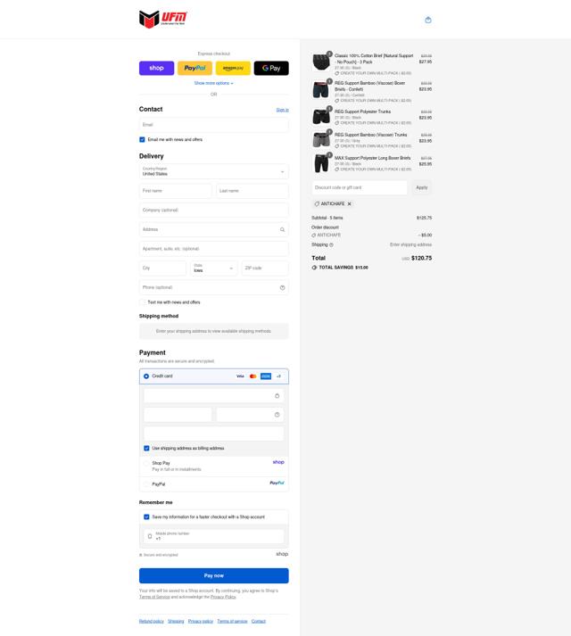 UFM Underwear checkout page showing UFM Underwear discount code box | Screenshot taken by SimplyCodes community member on Sep 12, 2025