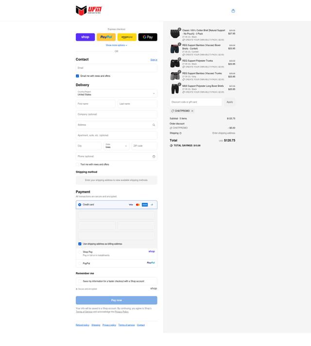 UFM Underwear checkout page showing UFM Underwear discount code box | Screenshot taken by SimplyCodes community member on Sep 12, 2025