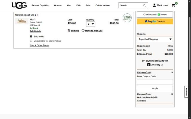 UGG checkout page showing UGG coupon code box | Screenshot taken by SimplyCodes community member on Jun 13, 2025