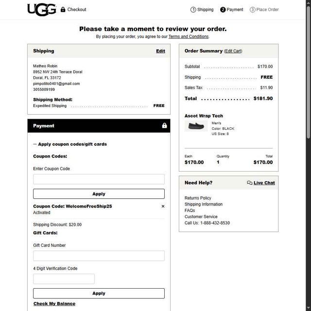 UGG checkout page showing UGG coupon code box | Screenshot taken by SimplyCodes community member on Jun 30, 2025
