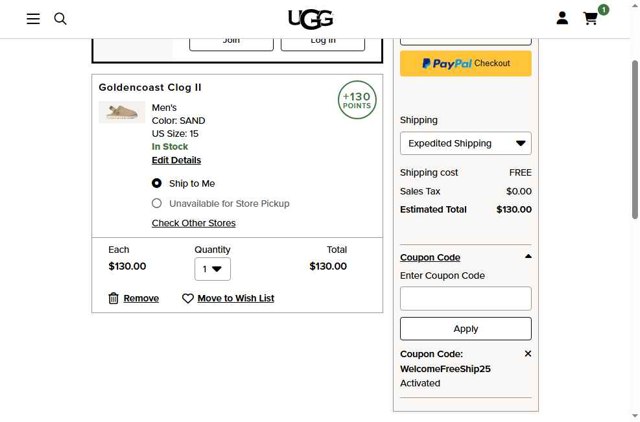 UGG checkout page showing UGG coupon code box | Screenshot taken by SimplyCodes community member on Jun 13, 2025