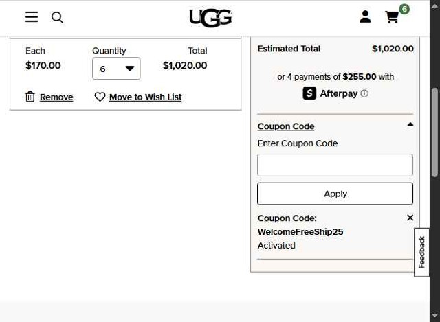 UGG checkout page showing UGG coupon code box | Screenshot taken by SimplyCodes community member on Jul 31, 2025