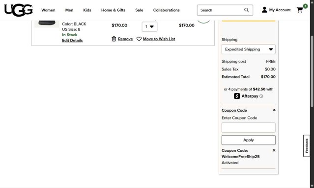 UGG checkout page showing UGG coupon code box | Screenshot taken by SimplyCodes community member on Jul 16, 2025