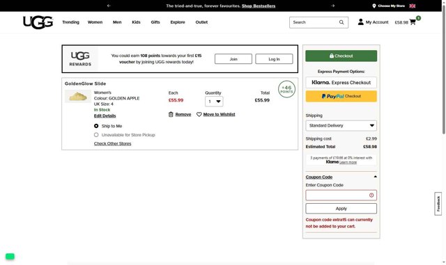 UGG checkout page showing UGG coupon code box | Screenshot taken by SimplyCodes community member on Aug 20, 2025