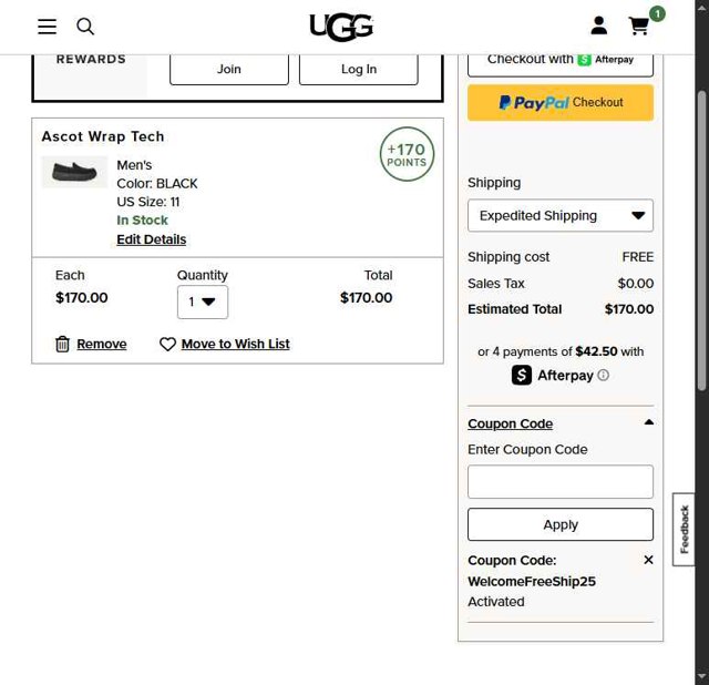 UGG checkout page showing UGG coupon code box | Screenshot taken by SimplyCodes community member on Jul 9, 2025
