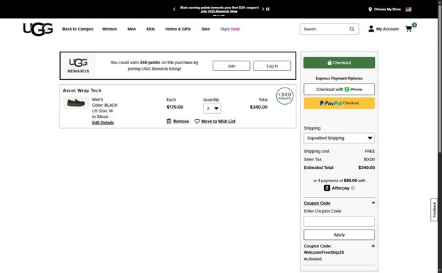 UGG checkout page showing UGG coupon code box | Screenshot taken by SimplyCodes community member on Aug 11, 2025