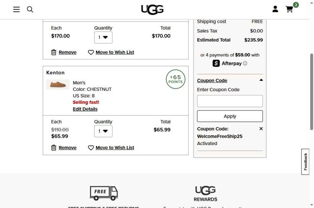 UGG checkout page showing UGG coupon code box | Screenshot taken by SimplyCodes community member on Aug 24, 2025