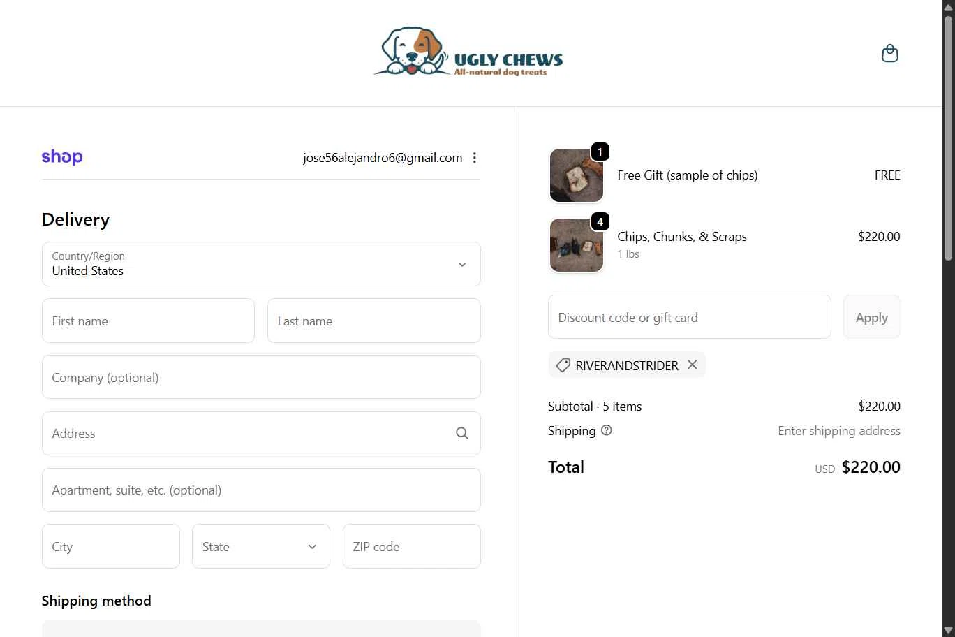 Ugly Chews checkout page showing Ugly Chews discount code box | Screenshot taken by SimplyCodes community member on Feb 22, 2026