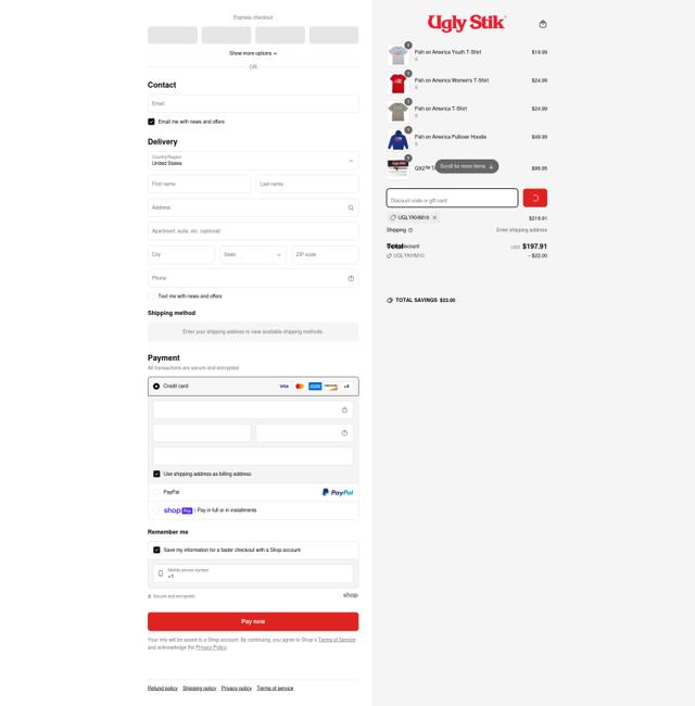 Ugly Stik checkout page showing Ugly Stik discount code box | Screenshot taken by SimplyCodes community member on Apr 25, 2025
