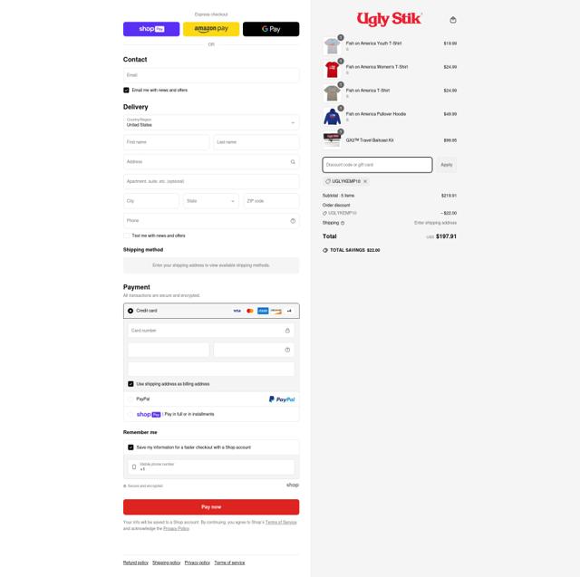 Ugly Stik checkout page showing Ugly Stik discount code box | Screenshot taken by SimplyCodes community member on Apr 25, 2025