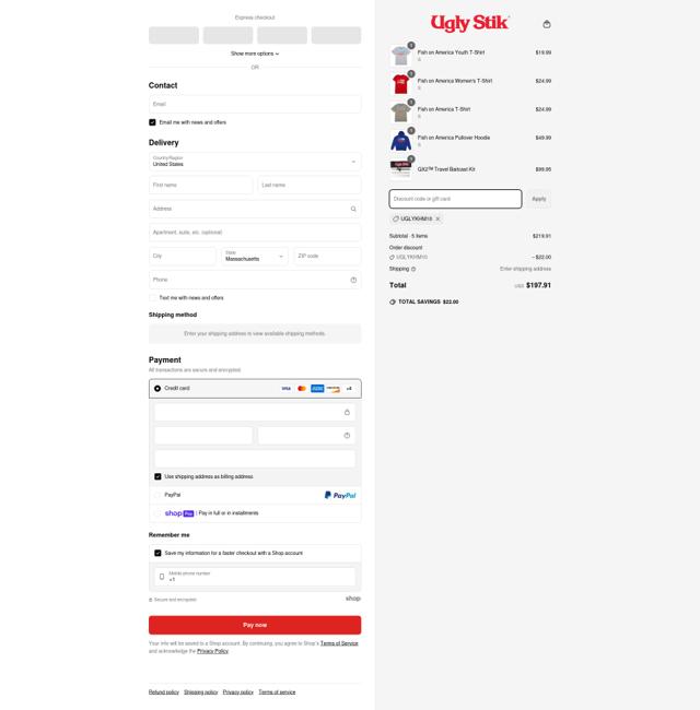 Ugly Stik checkout page showing Ugly Stik discount code box | Screenshot taken by SimplyCodes community member on Apr 3, 2025