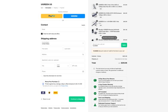 Ugreen checkout page showing Ugreen discount code box | Screenshot taken by SimplyCodes community member on Sep 3, 2025
