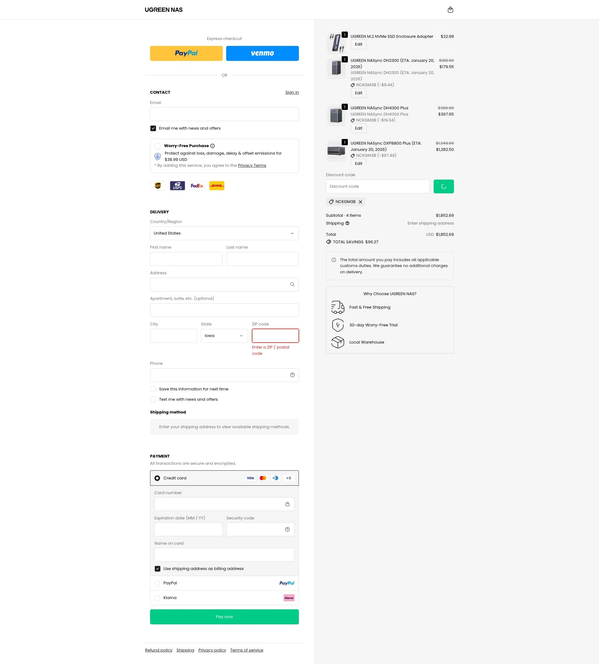 Ugreen NAS checkout page showing Ugreen NAS promo code box | Screenshot taken by SimplyCodes community member on Jan 1, 2026
