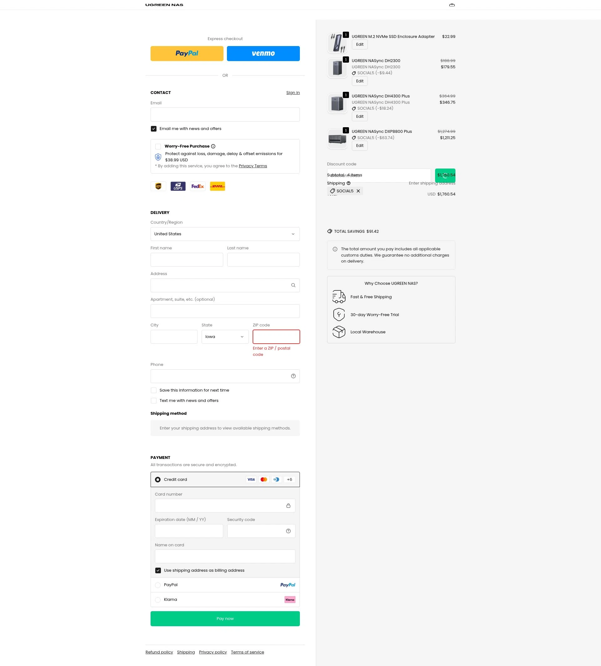 Ugreen NAS checkout page showing Ugreen NAS promo code box | Screenshot taken by SimplyCodes community member on Dec 22, 2025