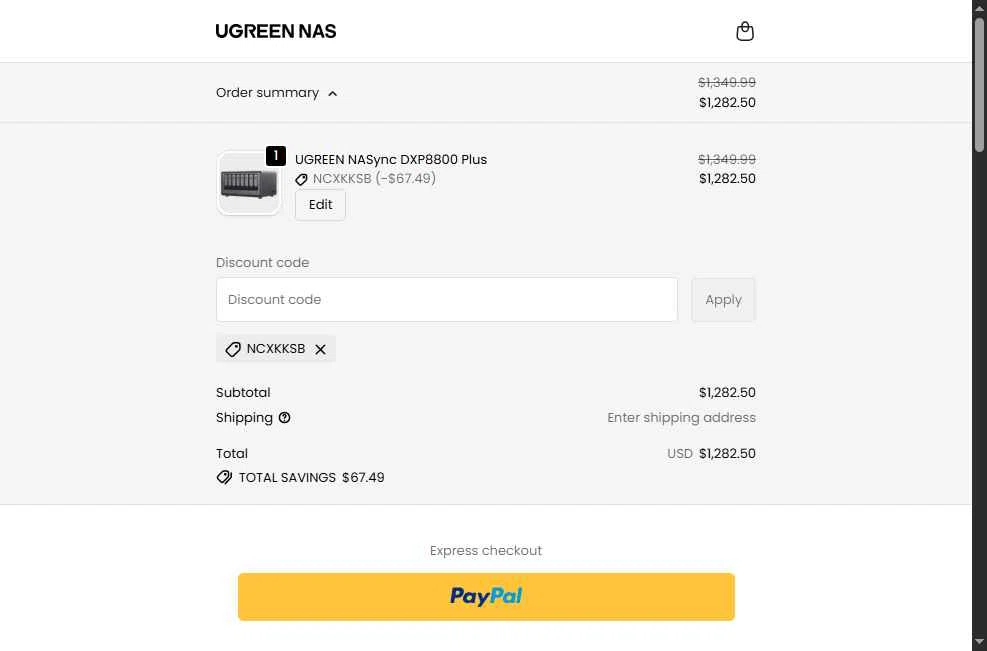 Ugreen NAS checkout page showing Ugreen NAS promo code box | Screenshot taken by SimplyCodes community member on Jan 4, 2026