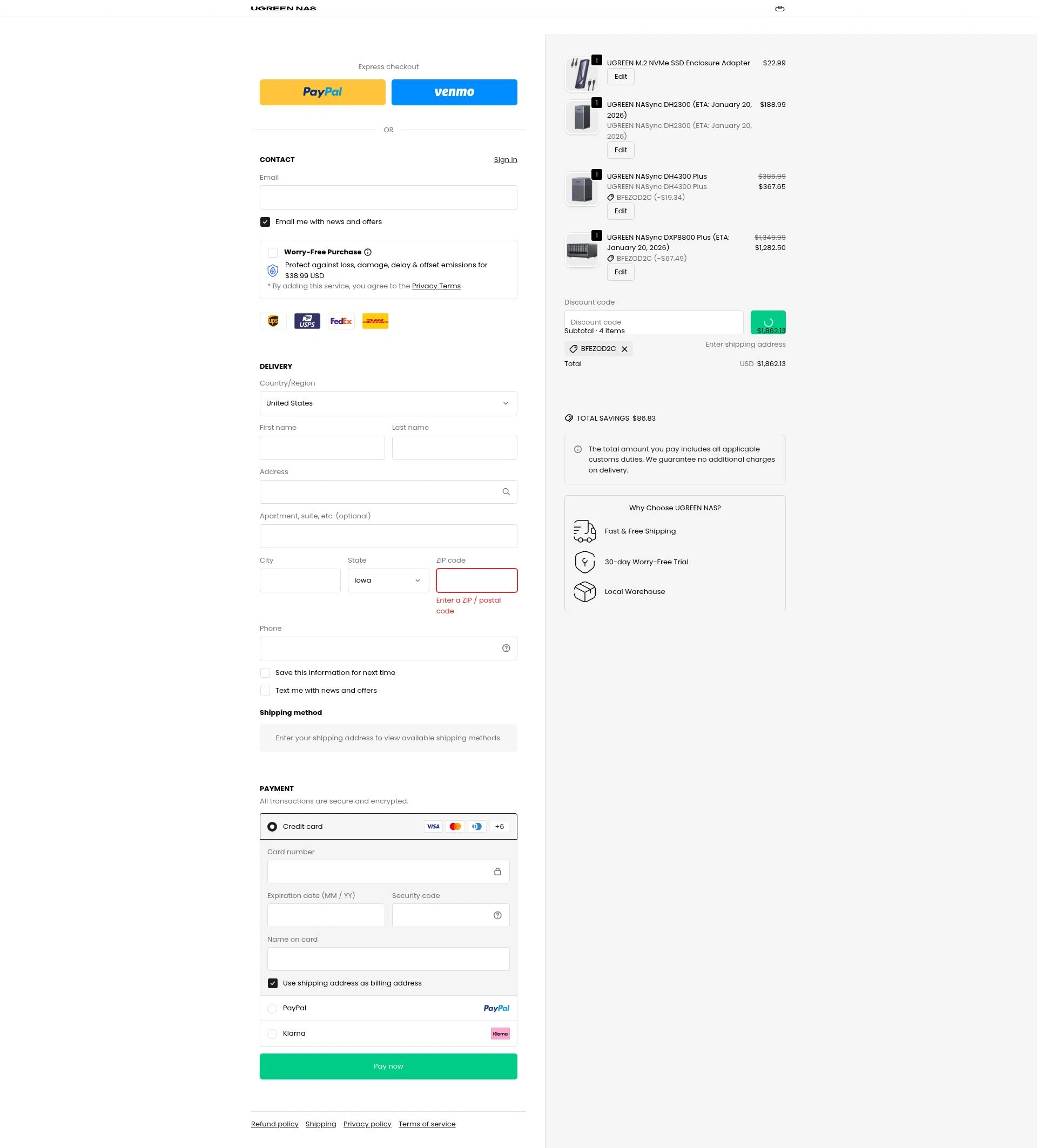Ugreen NAS checkout page showing Ugreen NAS promo code box | Screenshot taken by SimplyCodes community member on Jan 1, 2026