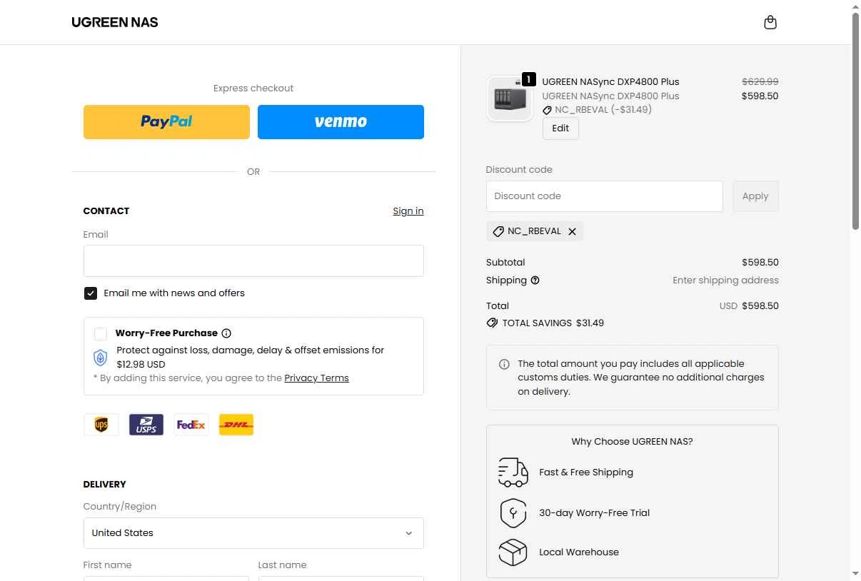 Ugreen NAS checkout page showing Ugreen NAS promo code box | Screenshot taken by SimplyCodes community member on Jan 3, 2026