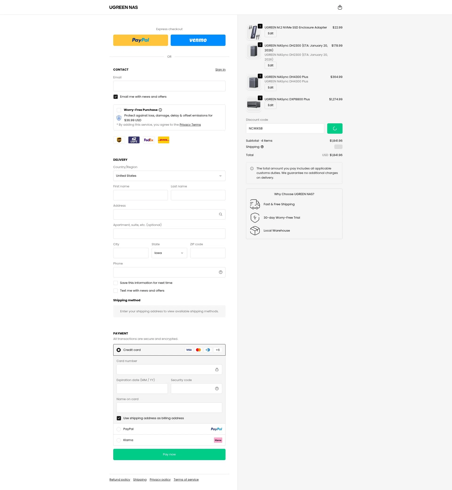 Ugreen NAS checkout page showing Ugreen NAS promo code box | Screenshot taken by SimplyCodes community member on Jan 6, 2026