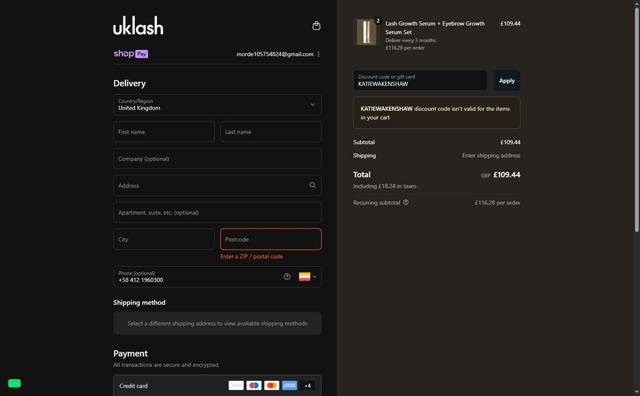 Uklash UK checkout page showing Uklash UK discount code box | Screenshot taken by SimplyCodes community member on Aug 6, 2025