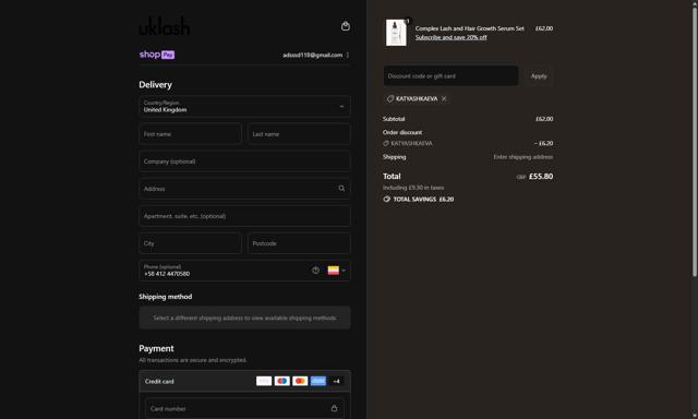 Uklash UK checkout page showing Uklash UK discount code box | Screenshot taken by SimplyCodes community member on Aug 28, 2025